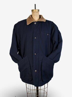 Vintage R&R Classic Navy Cotton Brown Corduroy Neck Insulated Overcoat